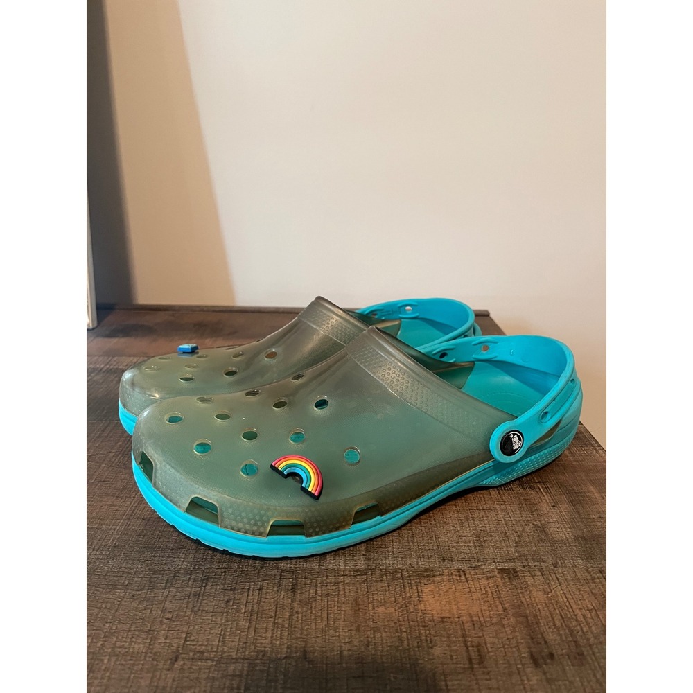 Crocs Classic Translucent Clog Digital Aqua Teal Jelly Mens 11 Jibbitz Charms